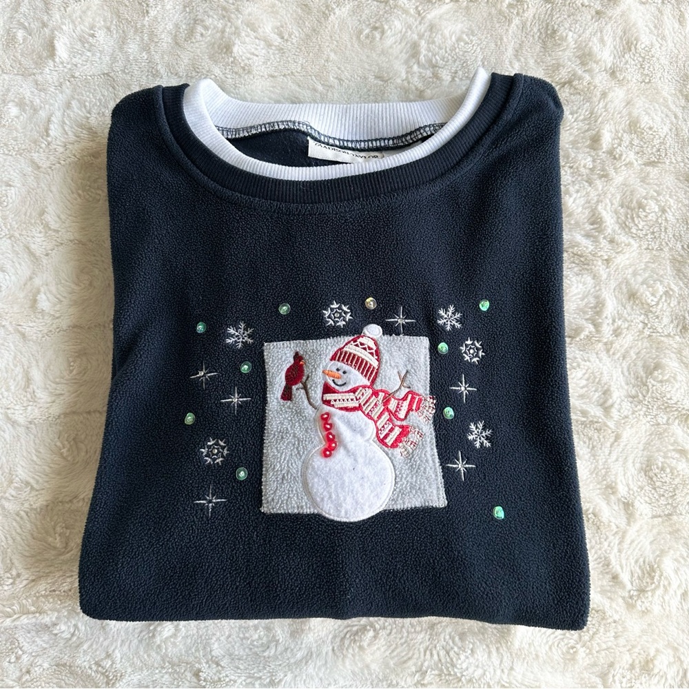 Vintage Snowman Sweatshirt Womens XL Navy Fleece Snowflake Cardinal Bird Winter